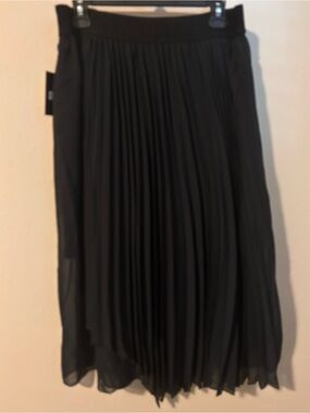 DKNY Black Pleated Asymetrical Layered  Lined Midi Skirt